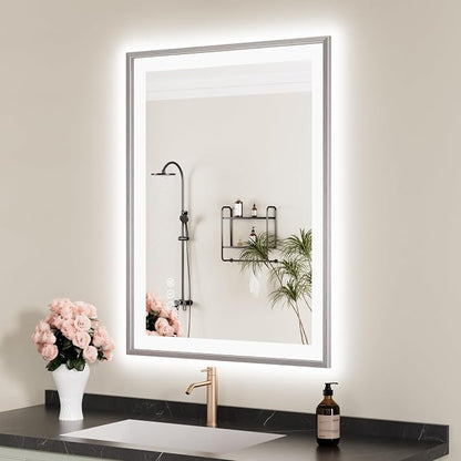 24x32 Inch Silver Frame LED Mirror for Bathroom | Silver Metal Frame, Front and Backlit, 3 Colors, Dimmable, Memory, Anti Fog, Tempered Glass, Lighted Mirror for Wall