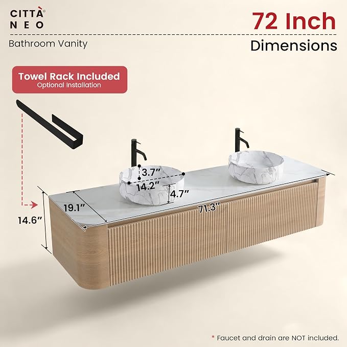 72" Floating Bathroom Vanity with Carrara Finish Sink, Honey Oak | Pre-Assembled Fluted Wall Mounted Double Sink Vanity with Sintered Stone Countertop, Soft-Close Drawers & Towel Rack