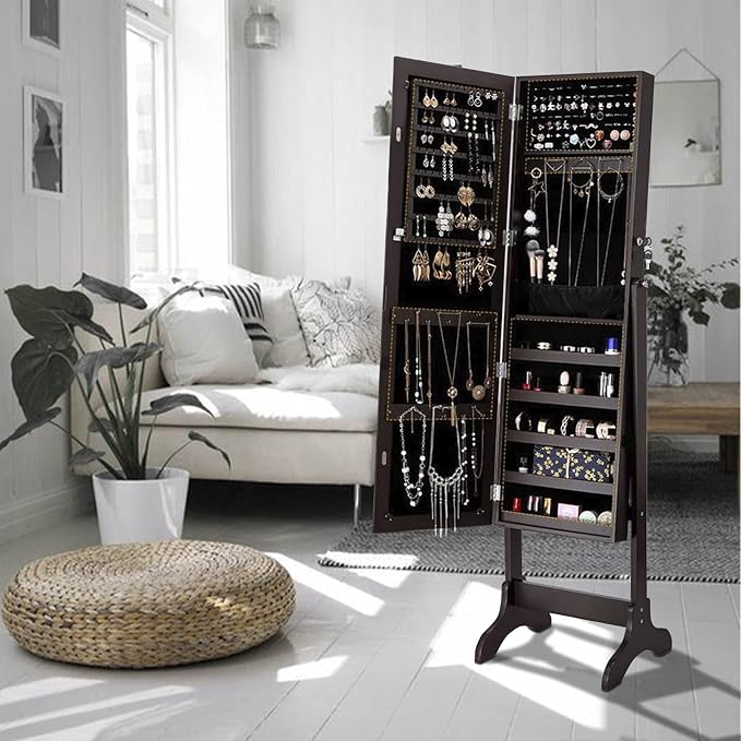 Uten Jewelry Armoire with Mirror, Lockable Large Jewelry Cabinet with Standing Mirror Jewelry Holder Organizer Storage, 4 Angle Adjustable, Perfect Christmas Gift (Brown)