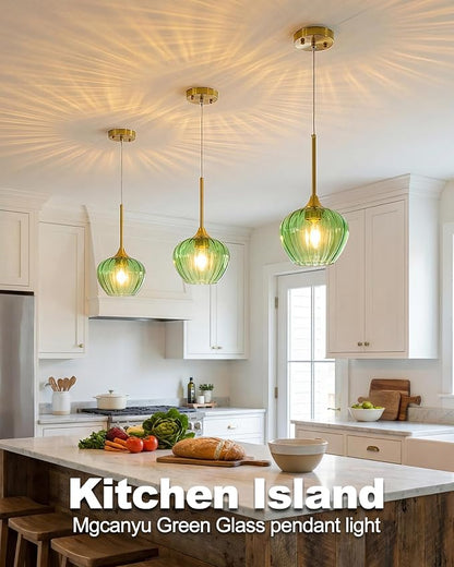 Green Glass Pendant Lights Kitchen Island, 7.7" Vintage Pendant Lighting with Brushed Gold Adjustable Hanging Light Fixtures for Kitchen, Dining Room, Sink, Bathroom
