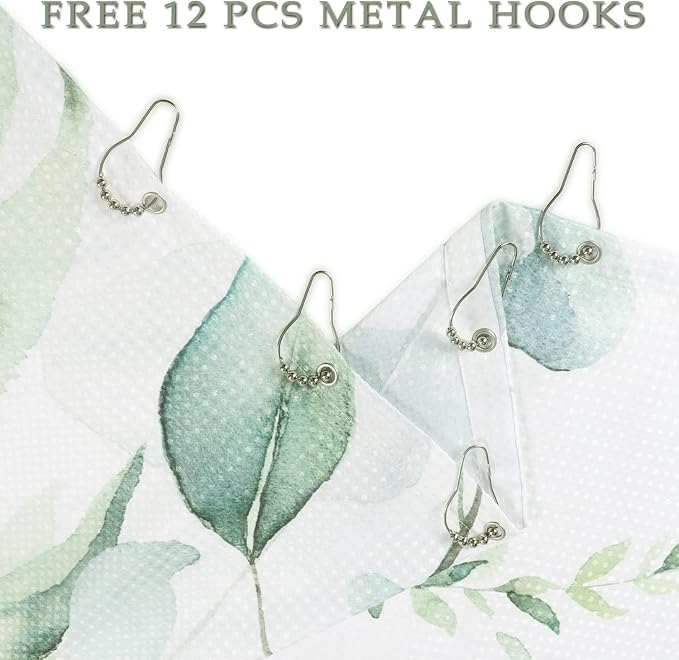 Eucalyptus Leaf Waffle Shower Curtains, Weighted Bottom Sage Green Spring Watercolor Botanical Plants Textured Fabric Bathroom Curtain Bathtub Home Decor Waterproof Washable with Metal Hooks