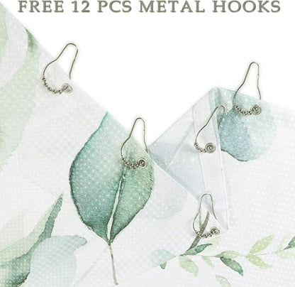 Eucalyptus Leaf Waffle Shower Curtains, Weighted Bottom Sage Green Spring Watercolor Botanical Plants Textured Fabric Bathroom Curtain Bathtub Home Decor Waterproof Washable with Metal Hooks