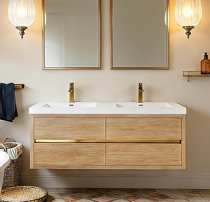 60" Wall-Mounted Bathroom Vanity, Double Sink Floating Cabinet with Stone Resin Countertop & Soft-Close Drawers, Modern Floating Storage Solution,Natural Oak