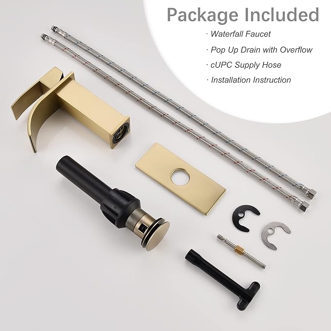 Waterfall Faucet for Bathroom Sink, Single Hole Bathroom Faucet Brushed Gold with Pop Up Drains and Deck Plate for 3 Hole Installation JXM122BG