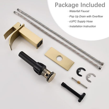 Waterfall Faucet for Bathroom Sink, Single Hole Bathroom Faucet Brushed Gold with Pop Up Drains and Deck Plate for 3 Hole Installation JXM122BG