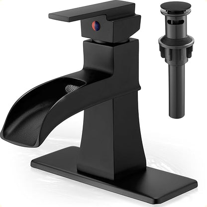 Waterfall Faucet, Brass Black Bathroom Sink Faucet 1 Hole or 3 Holes (4 Inch) with Single Handle, Pop-Up Drain, Lead-Free cUPC Supply Hoses & Deck Plate for Vanity Lavatory RV