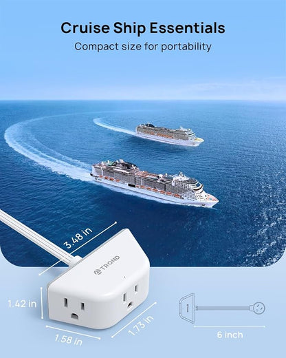 TROND Flat Outlet Extender with 6 Inch Cord for Tight Spaces | 3 Way Angled Plug Extension Outlet Adapter, Cruise Ship Essentials, Small Multiple Plug Splitter for Home Office, White