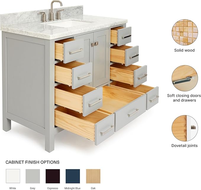 ARIEL Cambridge 42-inch Bathroom Vanity with Sink,Solid Wood, 1.5-inch Italian Carrara Marble Countertop, Single Rectangular Porcelain Sink, 2 Soft Closing Doors, 9 Dovetail Drawers, Grey
