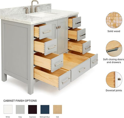 ARIEL Cambridge 42-inch Bathroom Vanity with Sink,Solid Wood, 1.5-inch Italian Carrara Marble Countertop, Single Rectangular Porcelain Sink, 2 Soft Closing Doors, 9 Dovetail Drawers, Grey