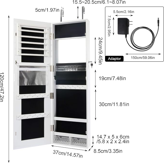 Becko US LED Mirror Jewelry Cabinet with 3 Colored Light, Wall/Door Mounted Wooden Jewelry Armoire, 47-Inch Full Length Lighted Mirror with Storage, Lockable Jewelry Organizer for Bedroom (White)