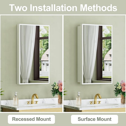 Buruis 14"x 24" Small Framed Medicine Cabinet with Mirror, Compact Recessed or Wall Mounted Bathroom Cabinet, Adjustable Tempered Glass Shelves, Left/Right Open Reversible, No Assembly Required, White