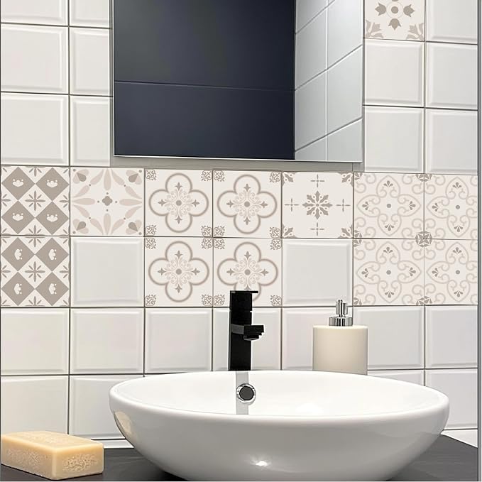 CHGCRAFT 36PCS Pastel Floral Tile Stickers Geometric Peel and Stick Wall Stickers Waterproof Self Adhesive Stick on Tile Decals for Kitchen Bathroom Wall Art Decor, 4x4 Inches