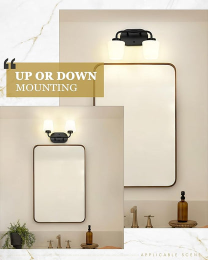 Bathroom Light Fixtures Over Mirror, 2-Light Matte Black Vanity Lighting Fixtures with Milk White Glass, Vintage Farmhouse Wall Sconces Lighting, AD-22004-2W-BK