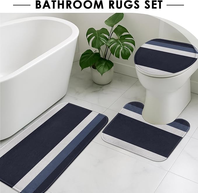 Bathroom Sets with Shower Curtain and Rugs 4 Pcs, Geometric | Striped Minimalist Navy Blue Bathroom Decor Set with Toilet Lid Cover, Non-Slip Bath Mats and Accessories 12 Hooks