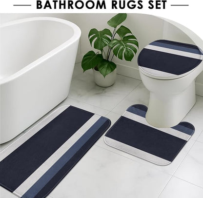 Bathroom Sets with Shower Curtain and Rugs 4 Pcs, Geometric | Striped Minimalist Navy Blue Bathroom Decor Set with Toilet Lid Cover, Non-Slip Bath Mats and Accessories 12 Hooks