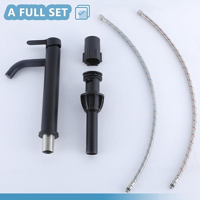 Vessel Sink Faucet Black, Single Handle Single Hole Rv Bathroom Faucet, Tall Lavatory Vanity Sink Faucets with Pop Up Drain and Two 3/8" Hoses