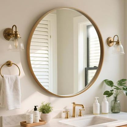 Round Wood Mirror, 32" Round Modern Decoration Large Circle Wall Mirror for Bathroom Living Room Bedroom Entryway, Natural