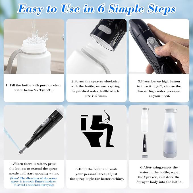 Portable Electric Travel Bidet - Collapsible Bottle 350-550ML, High Pressure Dual Spray Modes, IPX7 Waterproof, Rechargeable, for Personal Hygiene/Baby/Elderly Care