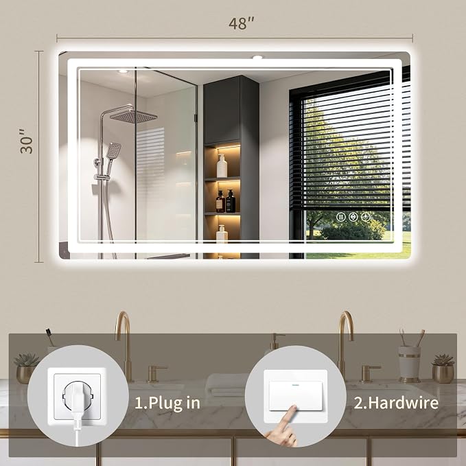 30"x48" LED Bathroom Mirror with Lights, Backlit + Front Lit, Anti-Fog, Lighted Bathroom Mirror for Wall, HD Shatterproof Tempered Glass, Dimmable, Memory Function (Horizontal/Vertical)