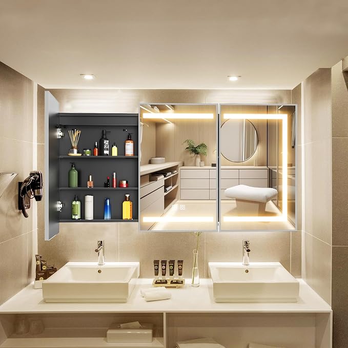 APRILSOUL 48x32 Inch Lighted Bathroom Medicine Cabinet with Mirror, Silver Recessed or Surface Mount Medicine Cabinet Mirror with Storage and LED Lights, 3 Colors Temperature, Dimmable Light