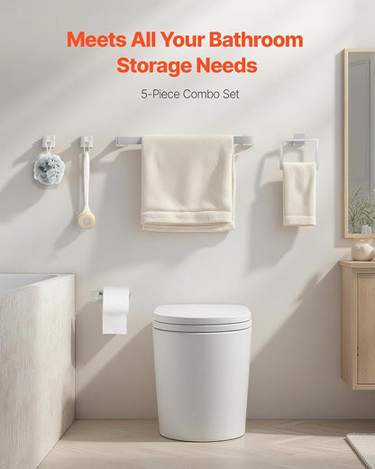VEVOR Brushed Nickel Bathroom Hardware Set, 5 Pieces Bathroom Accessories Set, Stainless Steel 24 inch Towel Bar, Towel Rack, 2 Robe Towel Hooks, Toilet Paper Holder for Bath Room, Wall Mounted