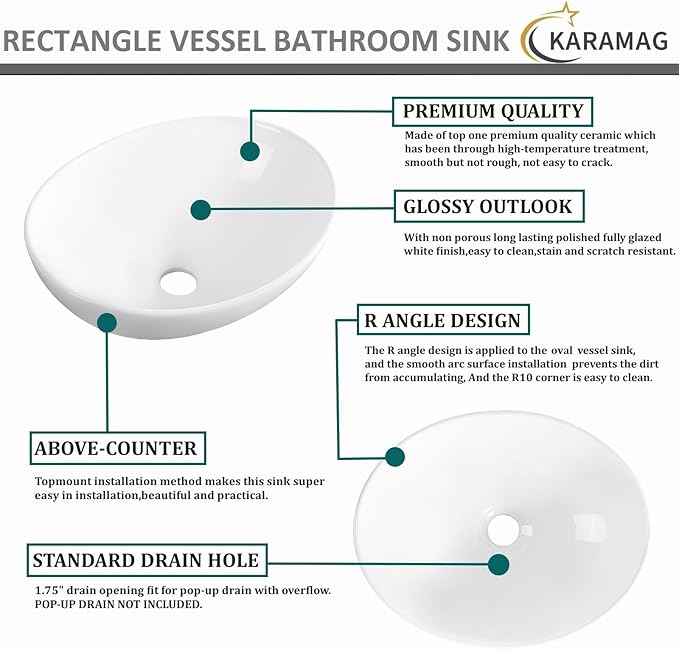 Oval Vessel Sink 16" x 13" Countertop Bathroom Sinks Modern Egg Shape Above Counter White Ceramic Small Sink Vessel Sinks for Bathrooms