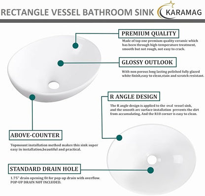 Oval Vessel Sink 16" x 13" Countertop Bathroom Sinks Modern Egg Shape Above Counter White Ceramic Small Sink Vessel Sinks for Bathrooms