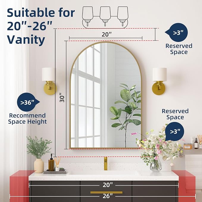 Medicine Cabinets for Bathroom, Gold Arched Medicine Cabinet Recessed or Surface Wall-Mounted,Modern Bathroom Vanity Mirror with Storage, Mirrored Cabinet with Adjustable Shelves,20x30 Inch