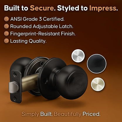 Copper Creek Colonial Passage Interior Door Knob – ANSI Grade-3 Certified, Modern Heavy Duty Handle, Easy Install and Reversible for Bedroom, Bathroom and Closets – Matte Black (2 Pack)