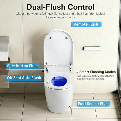 Smart Toilet with Bidet, Foam Shield, UV-C Light, Blackout Flush, Dual Auto Flush, Heated Seat, Air Dryer, Modern Elongated Japanese One Piece Bidet for Bathrooms