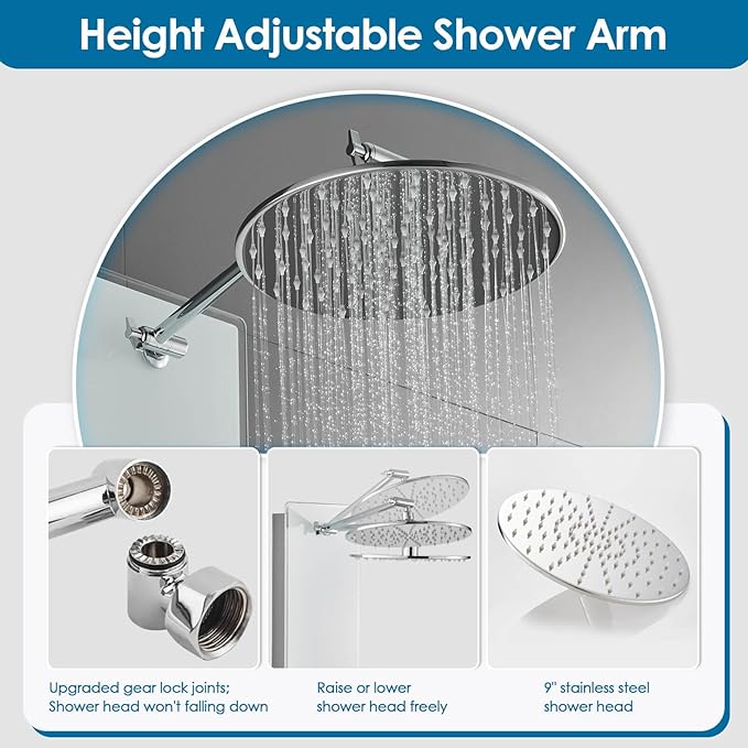 ROVOGO Tempered Glass Shower Panel System with Rainfall Shower, 6 Body Jets, Handheld Wand and Tub Spout, Shower Tower with Height Adjustable Shower Arm, White