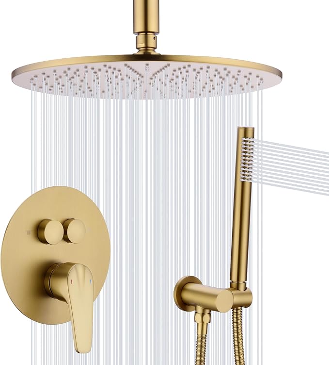 TRUSTMI 12" Ceiling Mount Rainfall, Pressure Balanced Valve, Brushed Gold | Solid brass kit with push-button diverter for handheld spray. cUPC valve prevents scalding for family safety