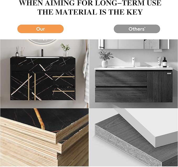 36 inch Modern Floating Bathroom Vanity with Ceramic Sink, Wall Mounted Bathroom Cabinet with Faux Marble Countertop, Soft Closing Doors & 2 Storage Drawers for Small Space, Black