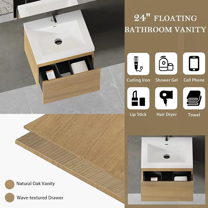 Floating Bathroom Vanity, 24" Wall Mounted Bathroom Cabinet with Glossy White Stone Resin Sink & U-Shaped Soft-Close Drawer, Pre-Assembled Striped Storage Vanity for Bathroom, Natural Wood