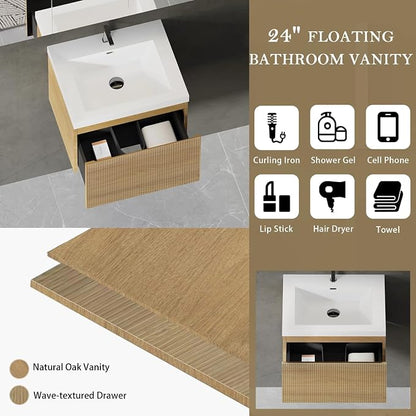 Floating Bathroom Vanity, 24" Wall Mounted Bathroom Cabinet with Glossy White Stone Resin Sink & U-Shaped Soft-Close Drawer, Pre-Assembled Striped Storage Vanity for Bathroom, Natural Wood