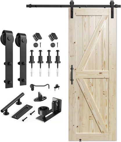 SMARTSTANDARD 32in x 84in Sliding Barn Door with 6ft Barn Door Hardware Kit Included, Unfinished Solid Spruce Wood Door, Assembly Required, DIY, Stainable, Natural | Unfinished Solid Spruce Wood Door, Assembly Required, DIY, Stainable, Natural