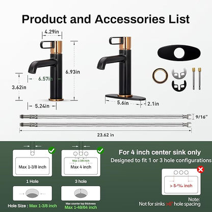 Single Handle Bathroom Faucet for 1 or 3 Hole with Deck Plate, Durable Brass Body, Leak-Free Cartridge, Hot/Cold Water Mixer, Easy Install, Luxury Matte Black Sink Faucet Single Hole for Vessel Vanity