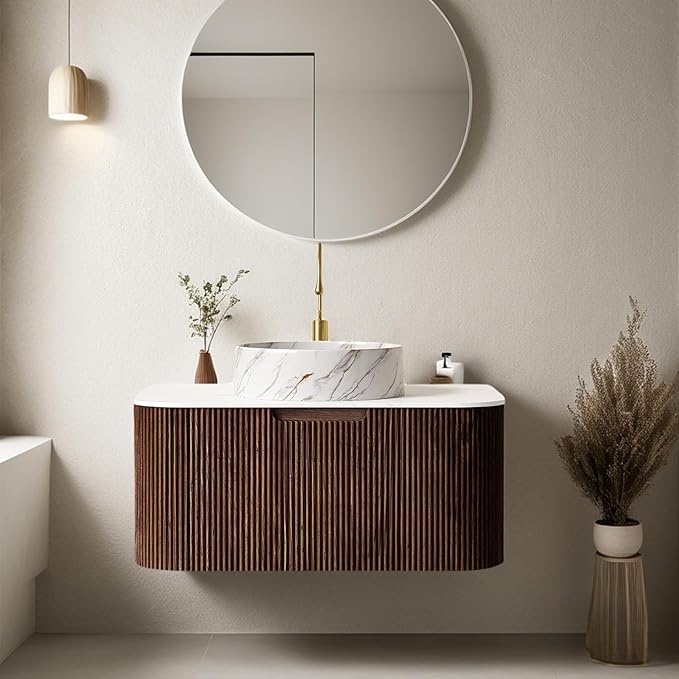 30" Floating Bathroom Vanity with Sink, Natural Solid Wood Modern Bathroom Vanities with Ultra-Thin Ceramic Basin and Marble Top, Soft-Close Drawer, Pre-Assembled, Dark Walnut