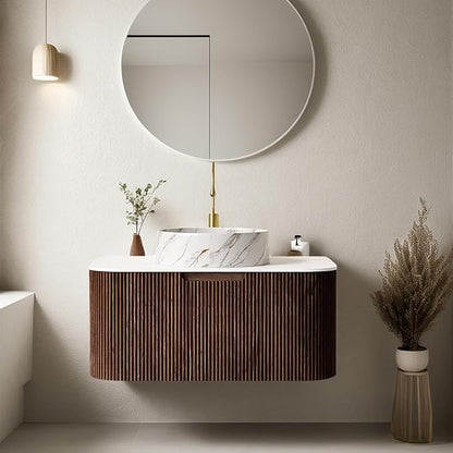 30" Floating Bathroom Vanity with Sink, Natural Solid Wood Modern Bathroom Vanities with Ultra-Thin Ceramic Basin and Marble Top, Soft-Close Drawer, Pre-Assembled, Dark Walnut