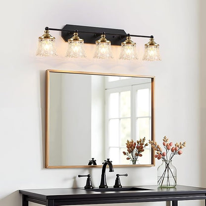 Vintage Bathroom Vanity Light Fixtures, Black and Gold 5-Light Vanity Light, Antique Bathroom Lighting Fixtures Over Mirror with Crystal Glass Shade, Vanity Lights for Bedroom Living Room Hallway