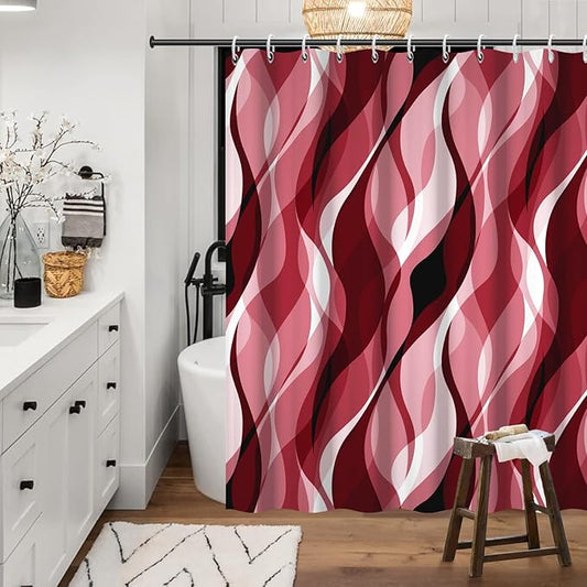 Red Shower Curtain, Modern Abstract Ombre Red Striped Shower Curtain Set for Bathroom Waterproof Shower Curtain with Hooks, 72x72 Inch