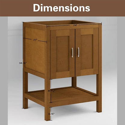 24" Natural Wood Bathroom Vanity Base Only – Freestanding Solid Wood Sink Cabinet with Open Shelf, Shaker Style Storage, No Top or Sink, 36" W x 21" D x 34.5" H