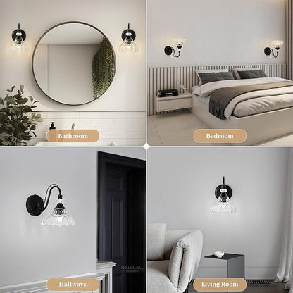 1 Piece Black Wall Sconce, 1-Light Black Farmhouse Wall Sconce with Hanging Crystal Accents and Flower-Shaped Clear Shades for Bathroom Bedroom Living Room,Vintage Vanity Light