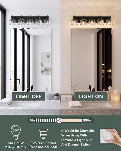 5-Light Black Bathroom Vanity Light, Hammered Glass Globe Shade | 32 Inch matte black modern bathroom light fixture over mirror, UL listed, E26 bulbs, hardwired, upward only, VL200-MB-CL-5