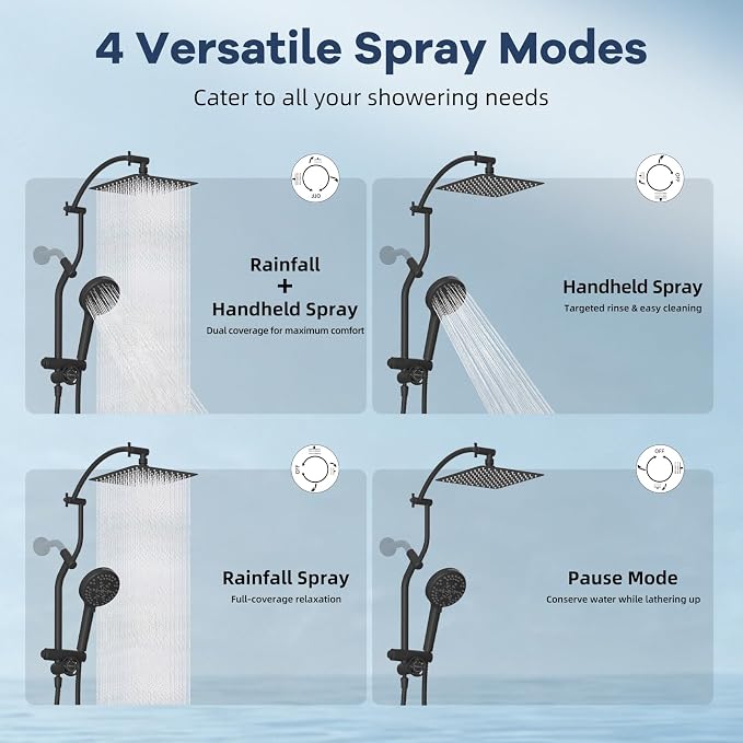 Hibbent 10'' All Metal Showerhead Combo & 10 Mode Filtered Handheld, Black | High Pressure Stainless Steel Showerhead, 4-way Diverter, Heightened All Metal Extension Arm, 71'' Hose & Holder, Easy Reach