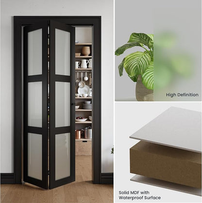 Bifold Doors for 24" x 80" Opening,Tempered Frosted Glass,Black | Closet Folding Doors with Hardware kit Included, Easy Assembly for Pantry Closet,Water-Proof PVC Surface