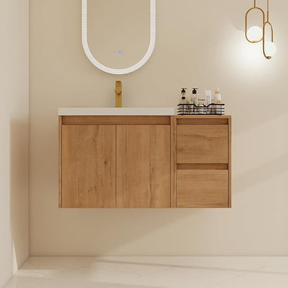 36" Bathroom Vanity Set, 36 Inch Modern Floating Vanity with 2 Doors and 2 Drawers, Single Resin Sink Wall Mount Cabinet Set, Modern Bathroom Cabinet with Sink, Soft-Closed Door and Drawer