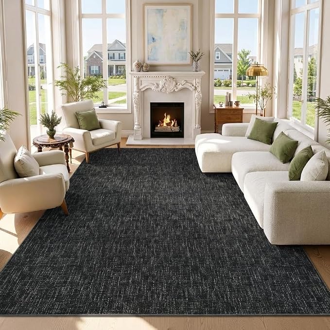 Garvee 10x13 Textured Rug for Kids Room Machine Washable Area Rugs Modern Solid Color Living Room Rug with Non Slip Backing, Stain Resistant Non Shedding Carpet for Bedroom Dining Room, Black | Modern Textured Non Slip Backing Low Pile Non Shedding Sta...
