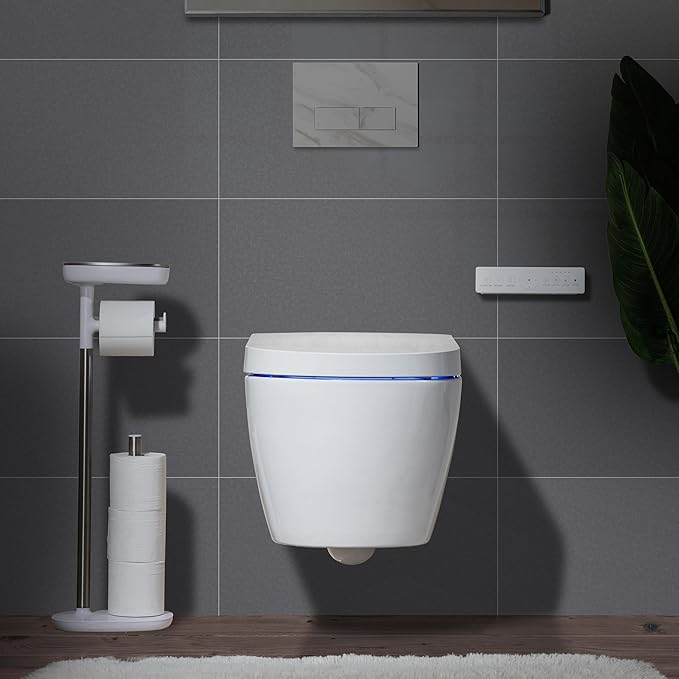 WOODBRIDGE Wall-Hung Smart Toilet with Dual-flush, Bidet Wash Function, Heated Seat & Dryer, Concealed Tank system and White Marble Stone Slim Flush Plates, LT611+ SWHT611+FP611-WH