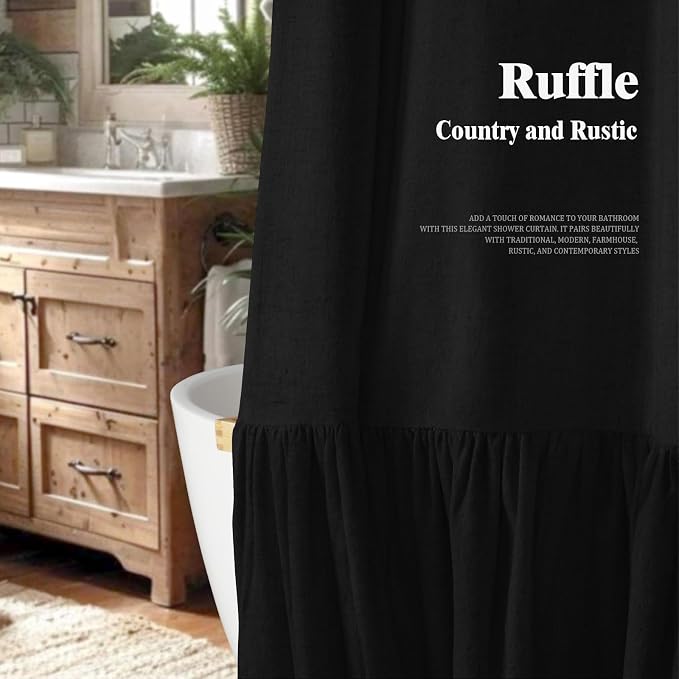 Farmhouse Shower Curtain Ruffle Linen Flax Black 72" W x 96" L | Linen Fabric, Farmhouse Boho, Bottom Ruffle, Rustic, Country, Natural Look, Washable, Shower Curtain for Bathroom Bathtub